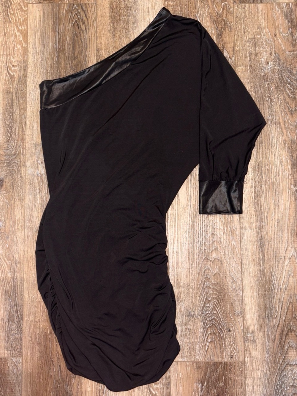Black One-Shoulder Ruched Dress with Faux-Leather Trim